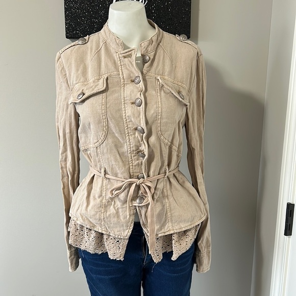 Free People Emilia Jacket Tan Linen Military Lace Hem Button Front Sz XS - Picture 6 of 12